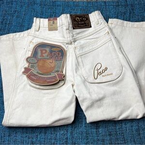 Vintage 90s Paco Jeans Embroidered Speel Out Pocket Baggy Straight in Cream Y2K